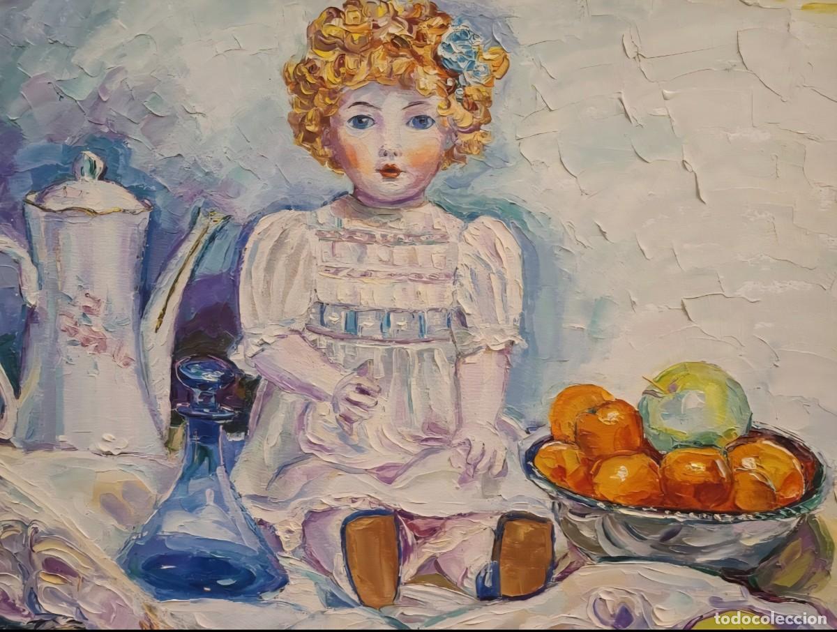 Arte: Pintura al &oacute;leo- Bodeg&oacute;n con mu&ntilde;eca - Escuela impresionista europea s.XX