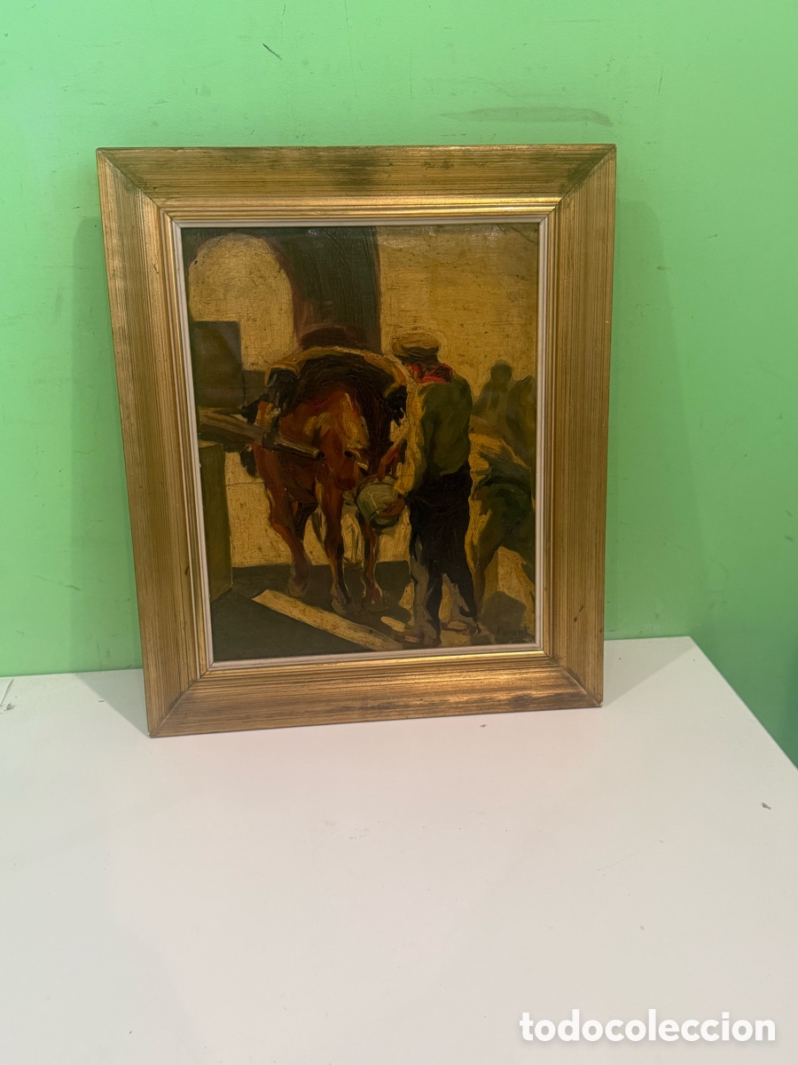 Kunst: &Oacute;leo sobre lienzo firmado &ndash; Escena costumbrista con caballo (48 &times; 38 cm), obra a estudiar