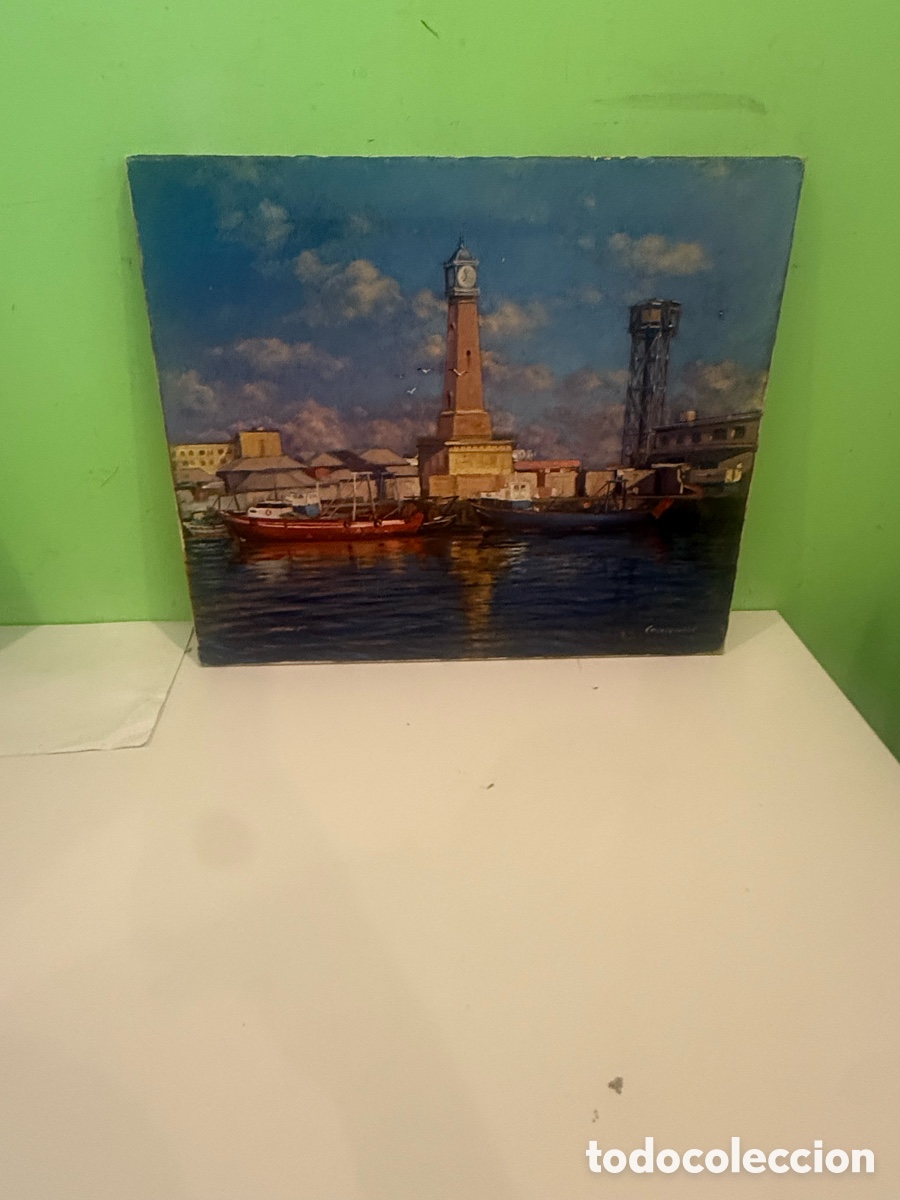 Arte: Pintura original al &oacute;leo sobre lienzo firmada &ndash; Torre del Reloj, Puerto de Barcelona