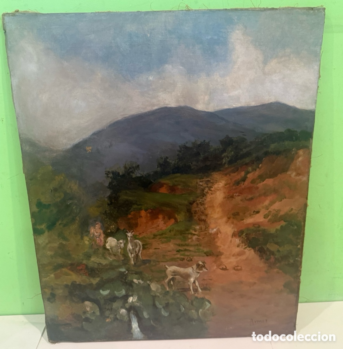 Arte: &Oacute;leo sobre lienzo &ndash; Paisaje con pastor, reba&ntilde;o y perro &ndash; Firma Amat a estudiar (52 x 43 cm)