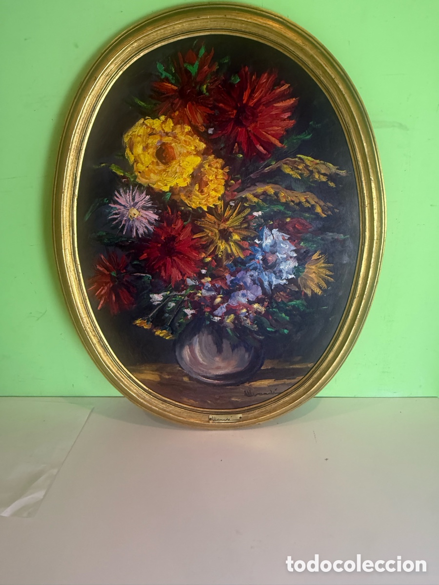 Arte: &Oacute;leo sobre tablex, bodeg&oacute;n de flores, firmado Mercad&eacute;, enmarcado y marcado con chapita (66 x 47 cm)
