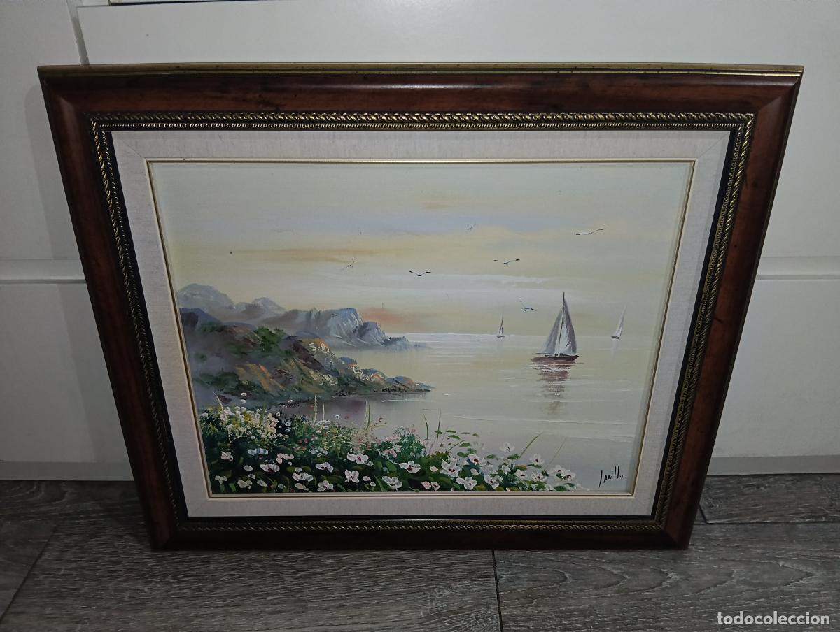 Arte: Bonito Cuadro &Oacute;leo sobre lienzo Marina costera con veleros y flores firmado estilo cl&aacute;sico 54x46