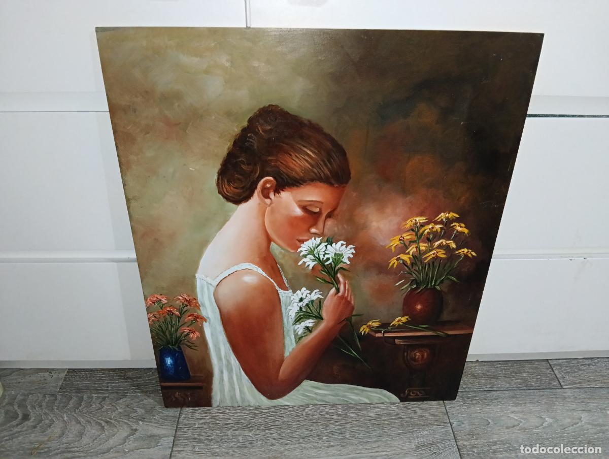 Arte: &Oacute;leo sobre tabla - Retrato joven con flores - Estilo realista - Arte decorativo 50x60