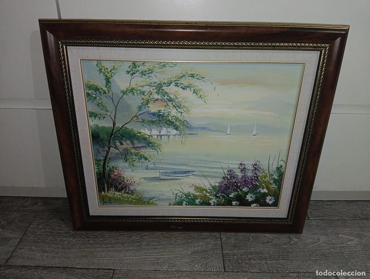 Arte: Cuadro &Oacute;leo sobre lienzo Marina con veleros Firmado Marco cl&aacute;sico 53x45