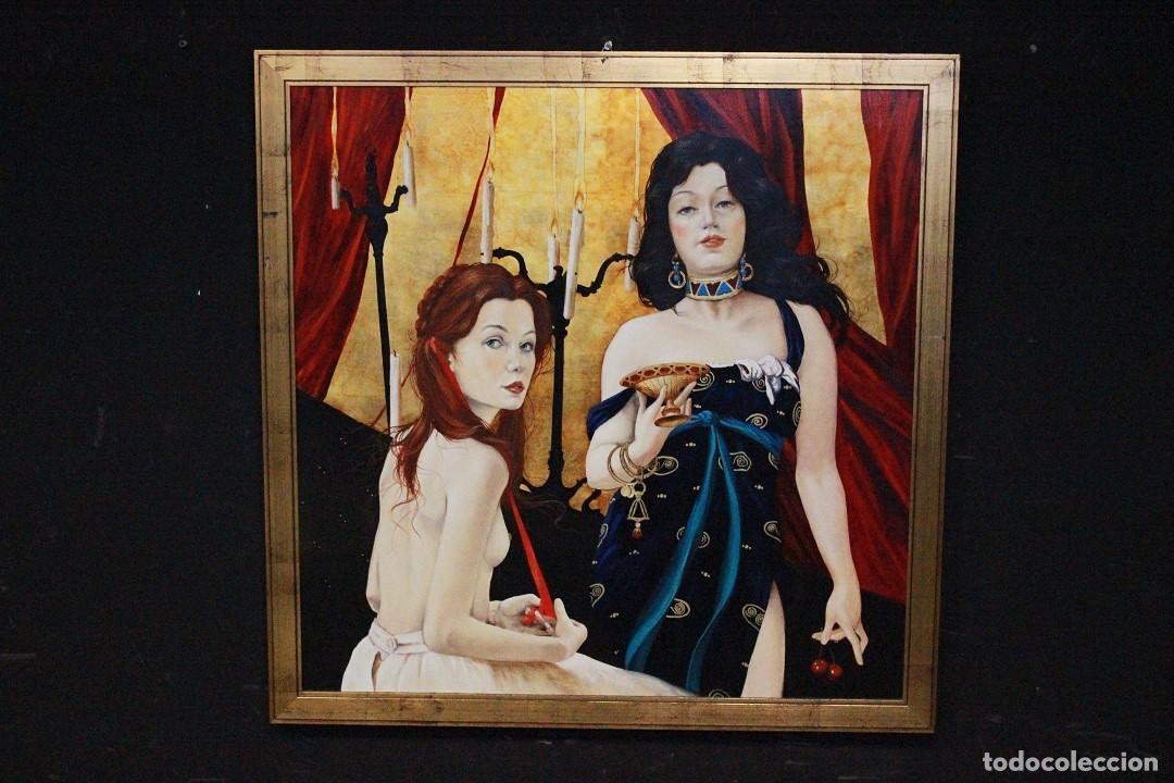 Arte: Pintura italiana al &oacute;leo sobre tabla &ldquo;Marlene e l'amica&rdquo;, con marco de Andrea Sarto, 1999
