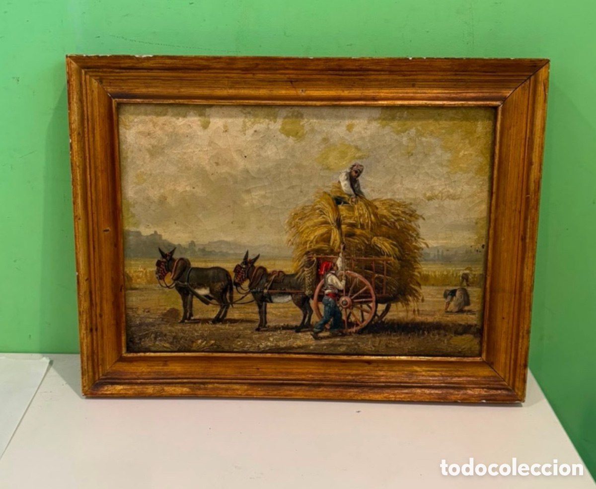Arte: &Oacute;leo sobre lienzo &ndash; Escena de siega con carro y mulas &ndash; Siglo XIX (42 &times; 55 cm)