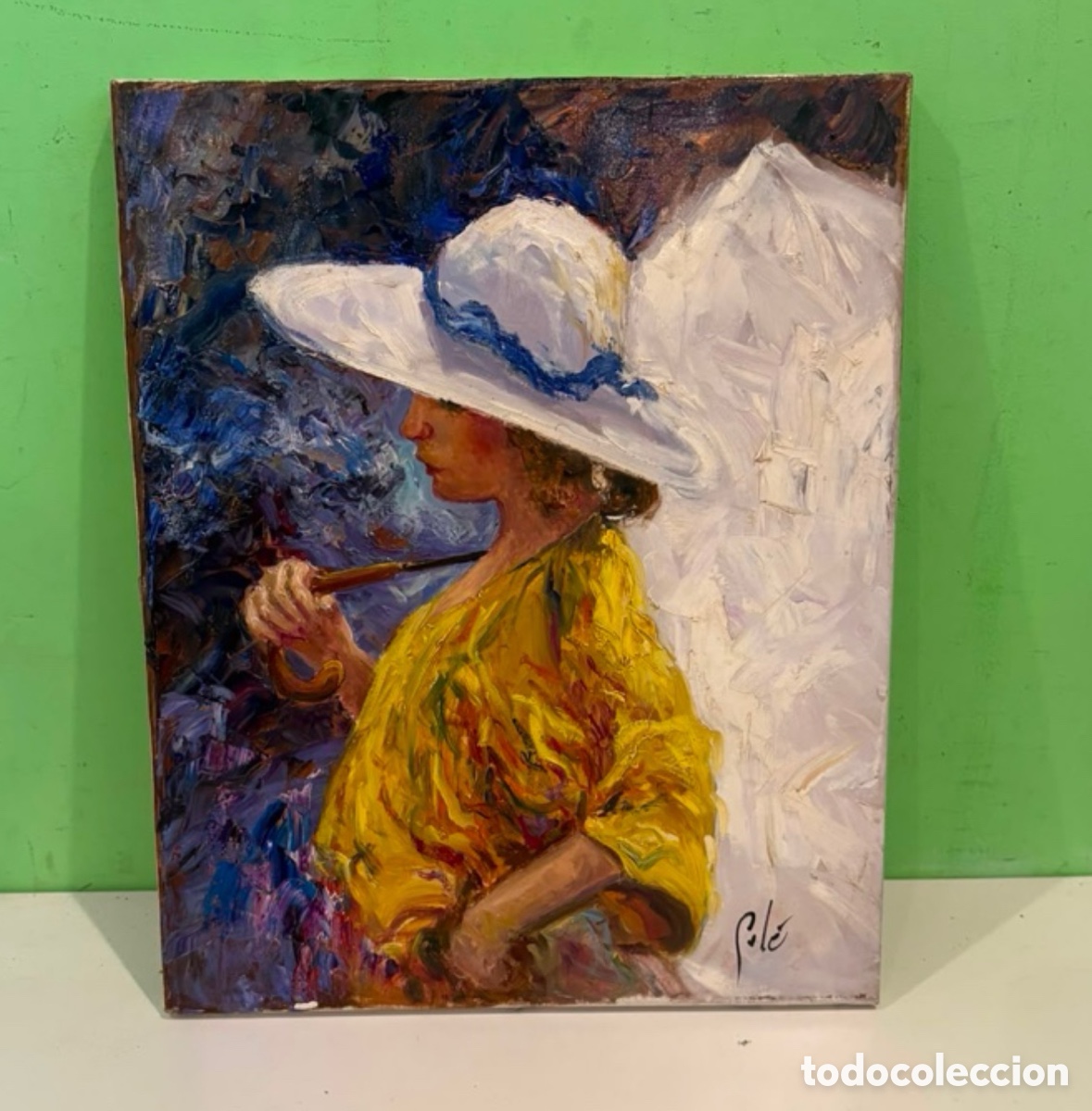 Kunst: Ricardo Sol&eacute; &ndash; Dama con sombrilla, &oacute;leo sobre lienzo firmado y etiquetado