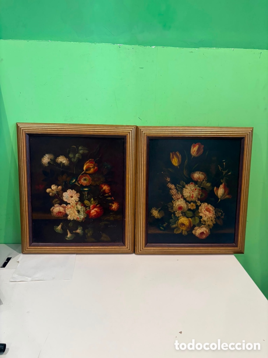 Arte: Pareja de bodegones florales al &oacute;leo sobre tablex &ndash; Principios del siglo XX (50 &times; 44 cm)