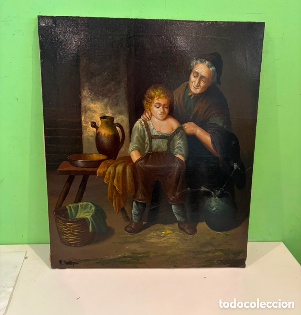Arte: Antiguo &oacute;leo sobre lienzo firmado M. Montoya &ndash; Escena costumbrista (66 &times; 45 cm)