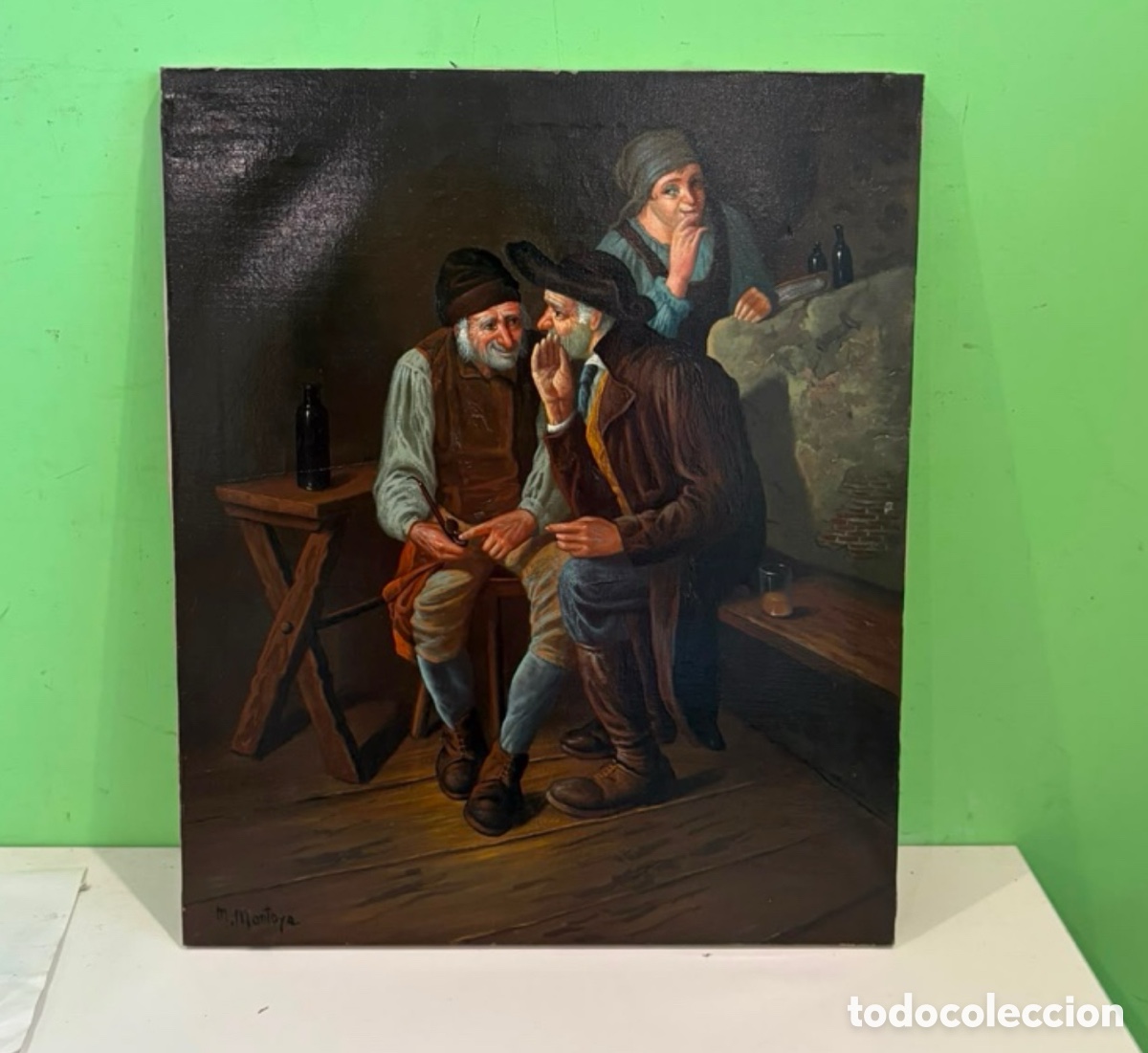 Arte: Antiguo &oacute;leo sobre lienzo firmado M. Montoya &ndash; Escena de taberna costumbrista (66 &times; 45 cm)
