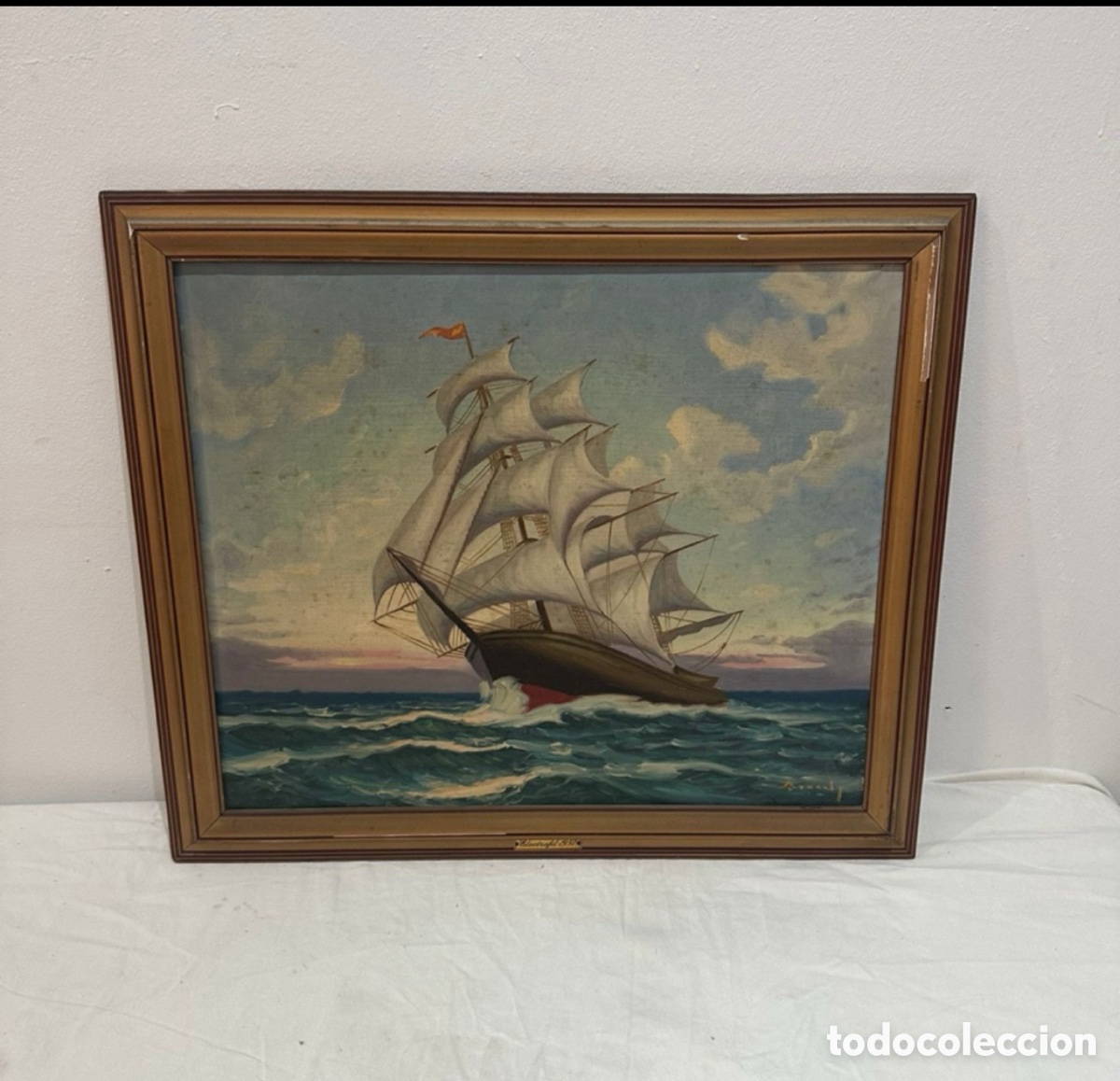Arte: Antiguo &oacute;leo sobre lienzo marina con velero firmado y enmarcado Electrofit 1957