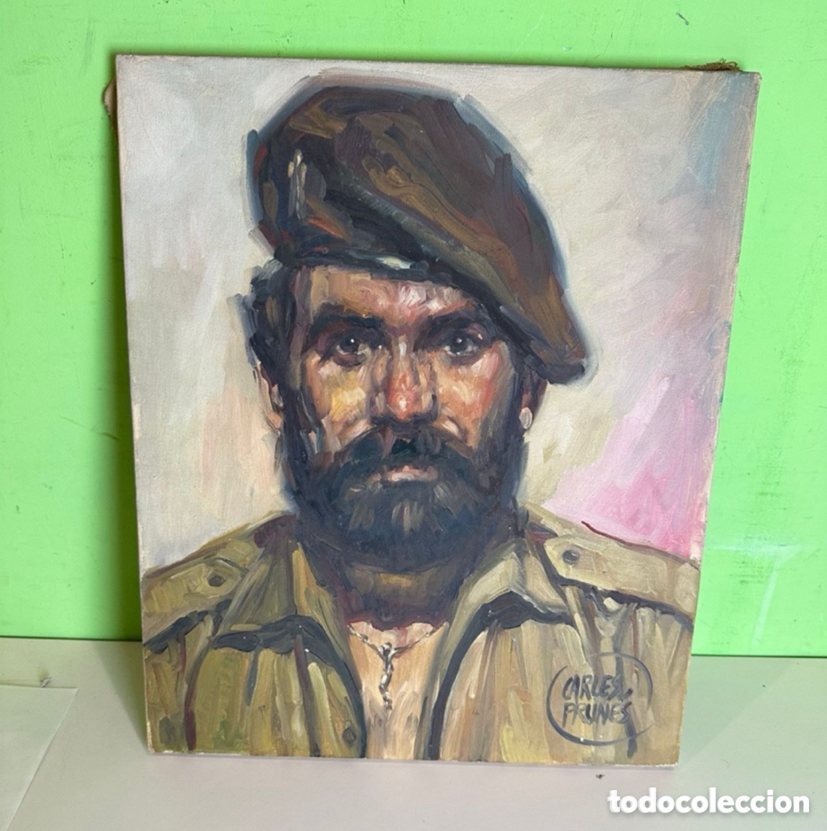 Arte: Carles Prun&eacute;s (Barcelona, 1937-2017) &Oacute;leo sobre lienzo original firmado.autorretrato militar.