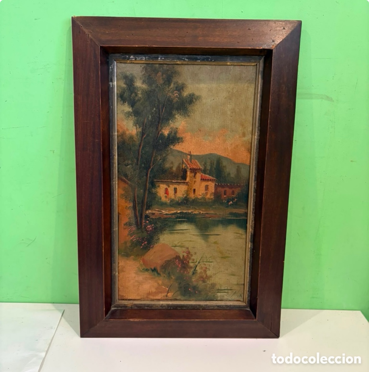 Arte: &Oacute;leo sobre tablex &ndash; Paisaje rural con mas&iacute;a junto al r&iacute;o &ndash; Firmado Mir &ndash; Enmarcado &ndash; 40 &times; 60 cm