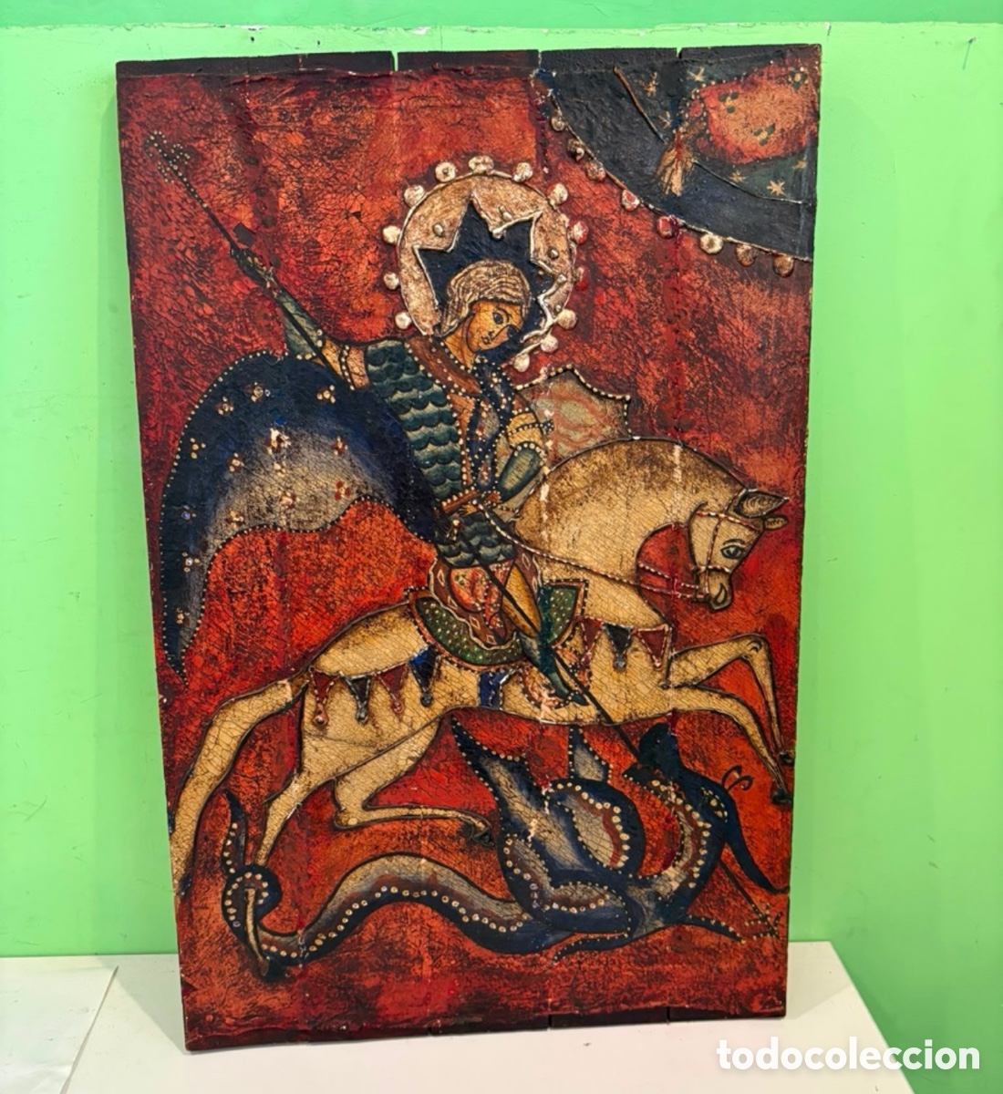 Arte: Gran icono de San Jorge y el Drag&oacute;n &ndash; Pintura sobre tabla &ndash; Estilo bizantino &ndash; 72 &times; 50 cm