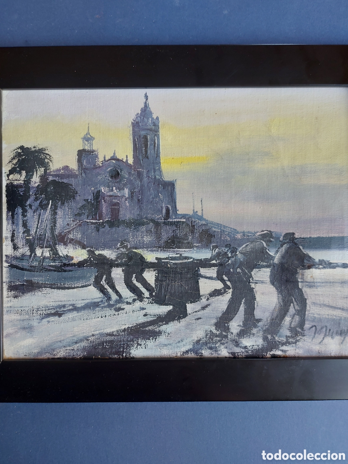 Arte: J.JUNYENT &rdquo;TREIEN LA BARCA EN SITGES&rdquo; OLEO EPOCA