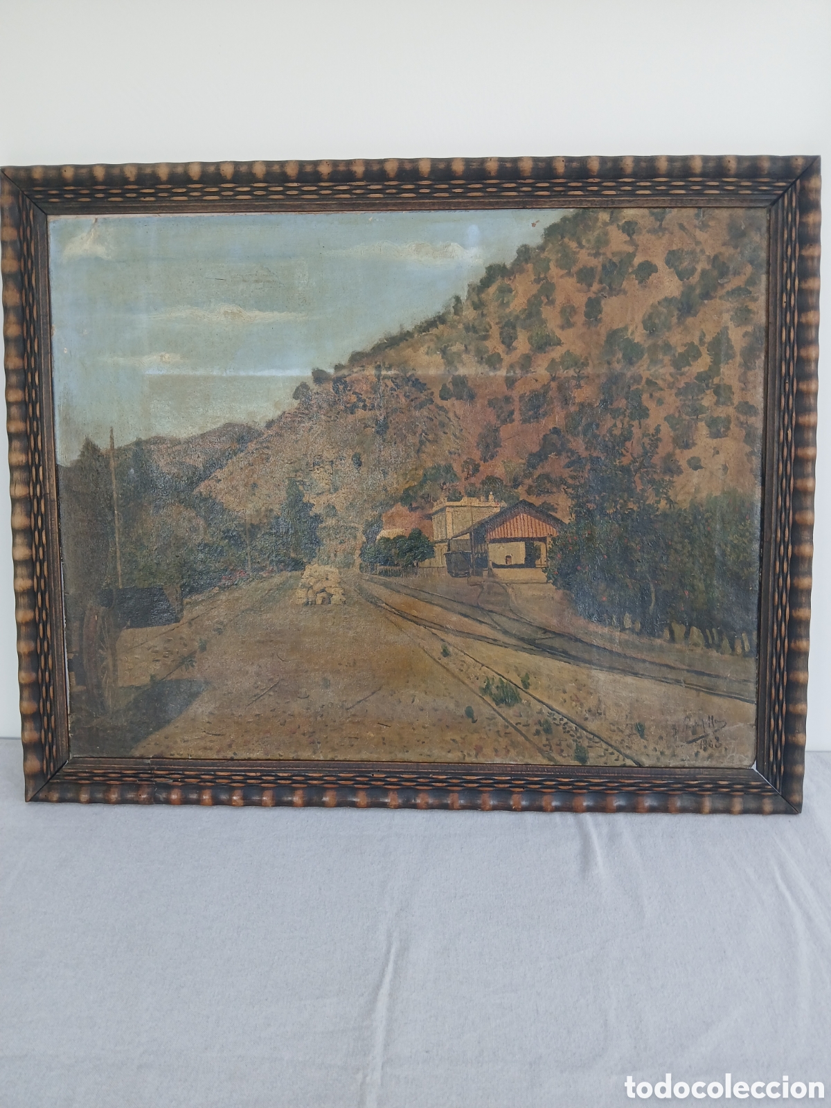 Arte: &Oacute;leo sobre lienzo, reentelado. 1833's. Estaci&oacute;n de ferrocarril, firmado, autor a indentificar