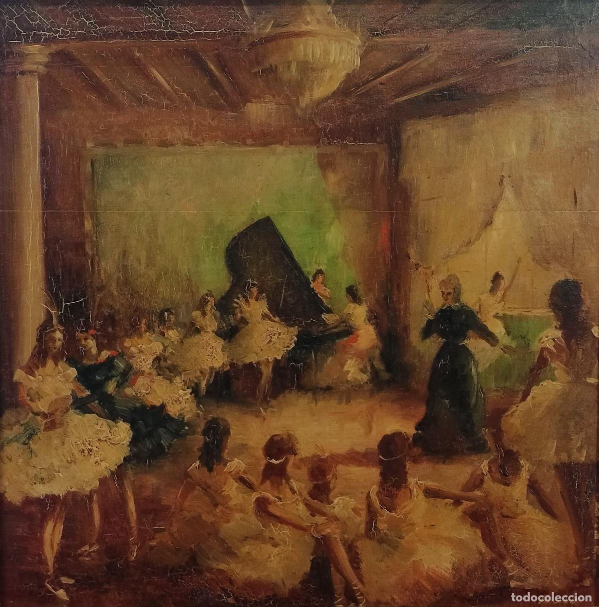 Arte: LA ESCUELA DE BAILE. FIRMA ILEGIBLE. &Oacute;LEO SOBRE TABLA. ESCUELA CATALANA. SIGLO XIX.