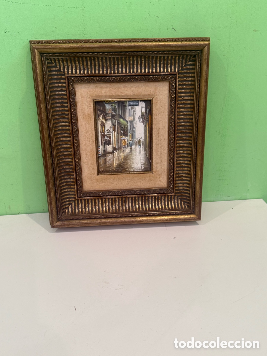 Arte: Eduardo Liesa &ndash; &Oacute;leo sobre lienzo firmado, calle lluviosa urbana, 30 &times; 35 cm
