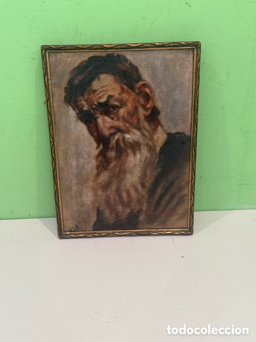 Arte: &Oacute;leo sobre lienzo firmado &ndash; Retrato de anciano con barba, firma a estudiar, 32 &times; 24 cm
