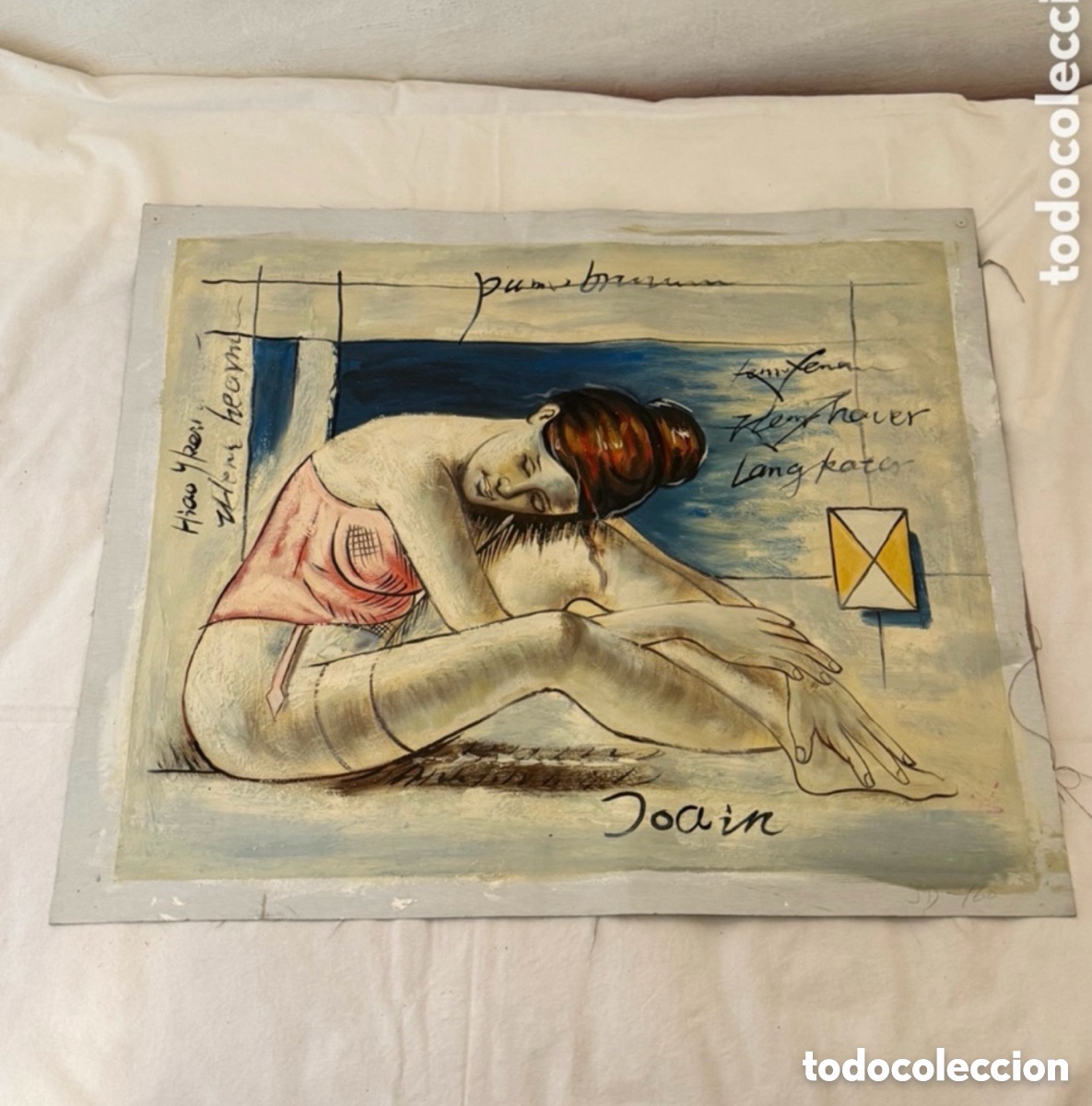 Kunst: Pintura sobre lienzo decorativa figura femenina composici&oacute;n moderna texto art&iacute;stico