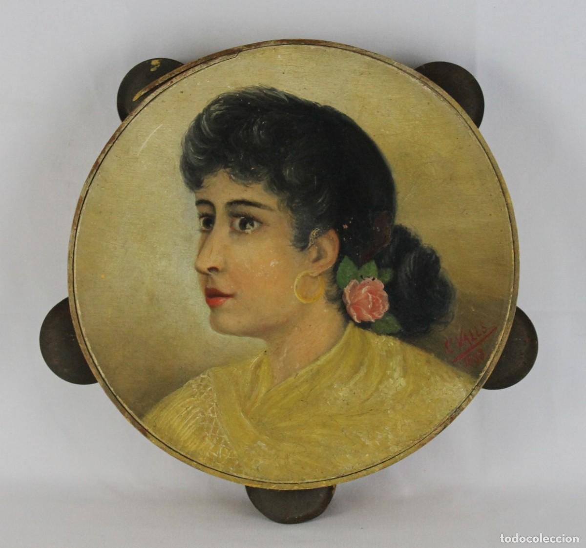 Arte: Pandereta. &Oacute;leo sobre pergamino. Retrato femenino valenciana. Firmada C. Valls. 1888