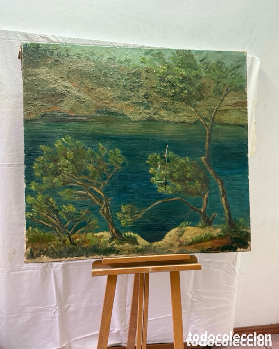 Arte: Antiguo &oacute;leo sobre lienzo paisaje firmado gran formato (100X92 cm)