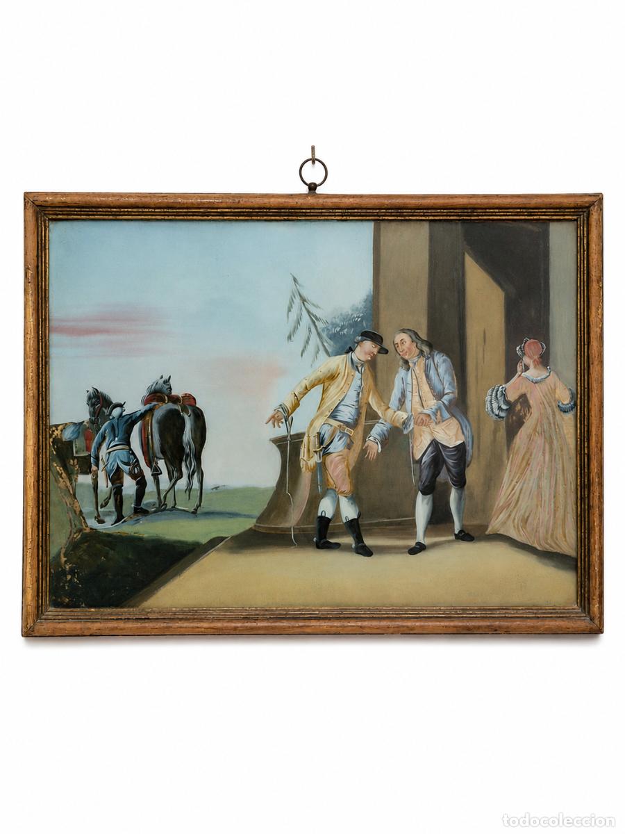 Arte: Escena de Galante, Estilo Costumbrista - Pintura al &Oacute;leo sobre Cristal - S.XVIII