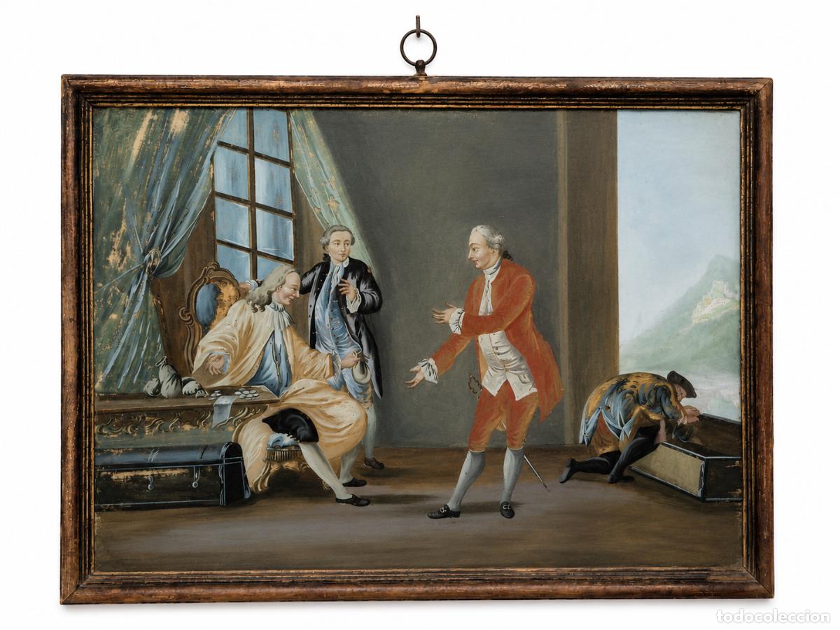 Arte: Escena de la Par&aacute;bola del Hijo Pr&oacute;digo - Pintura al &Oacute;leo sobre Cristal - S.XVIII