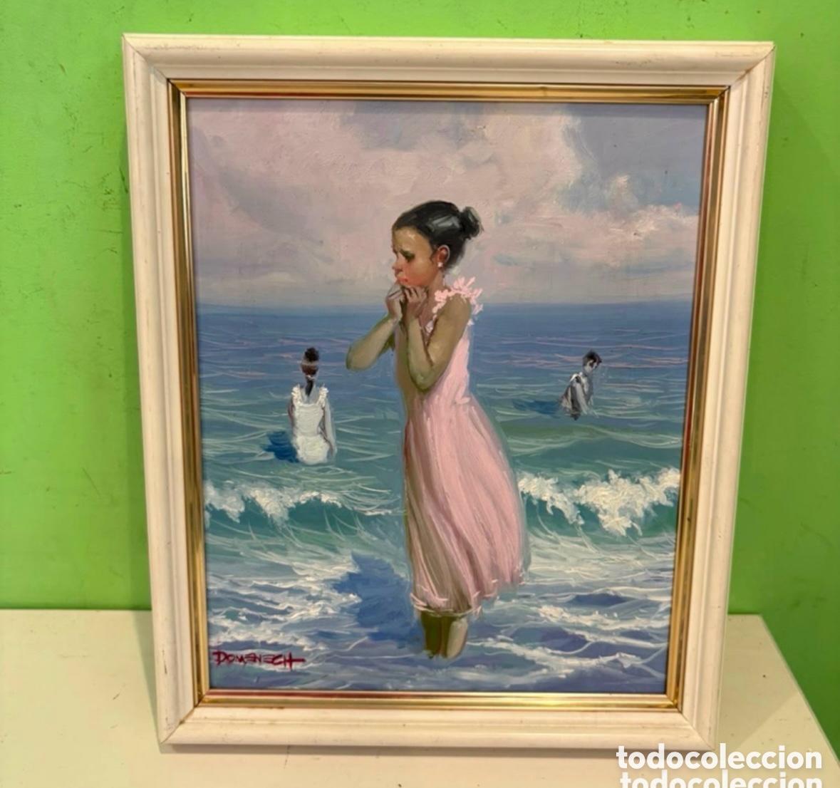 Kunst: Domenech - Ni&ntilde;a en la orilla del mar. &Oacute;leo sobre lienzo firmado (30 x 25 cm)