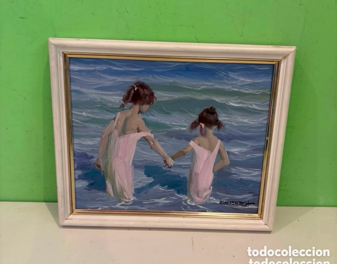 Arte: Domenech - Ni&ntilde;as en la playa. &Oacute;leo sobre lienzo firmado (30 x 25 cm)
