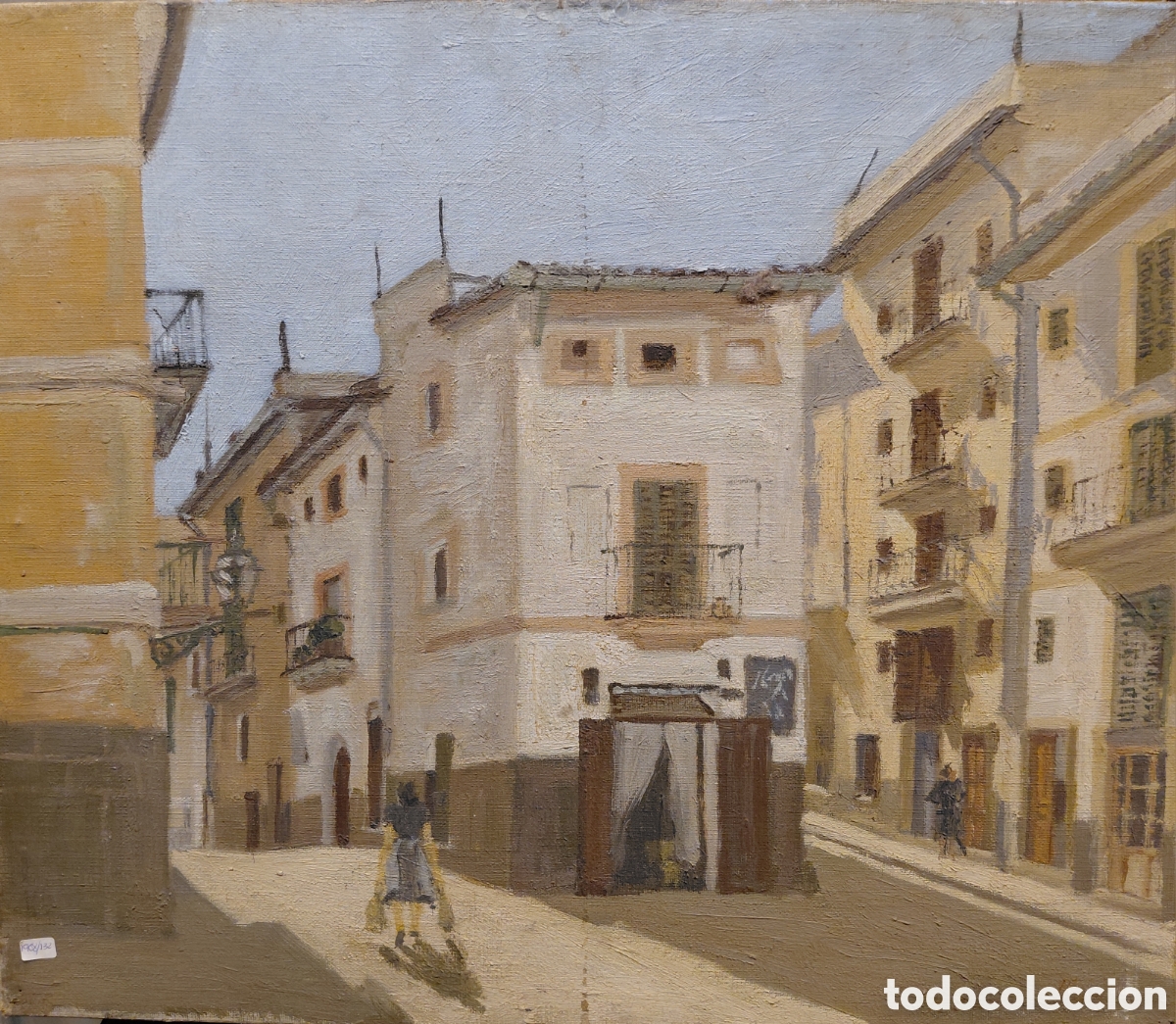 Arte: Firma ilegible (s. XX). Calle de pueblo, &oacute;leo sobre lienzo.