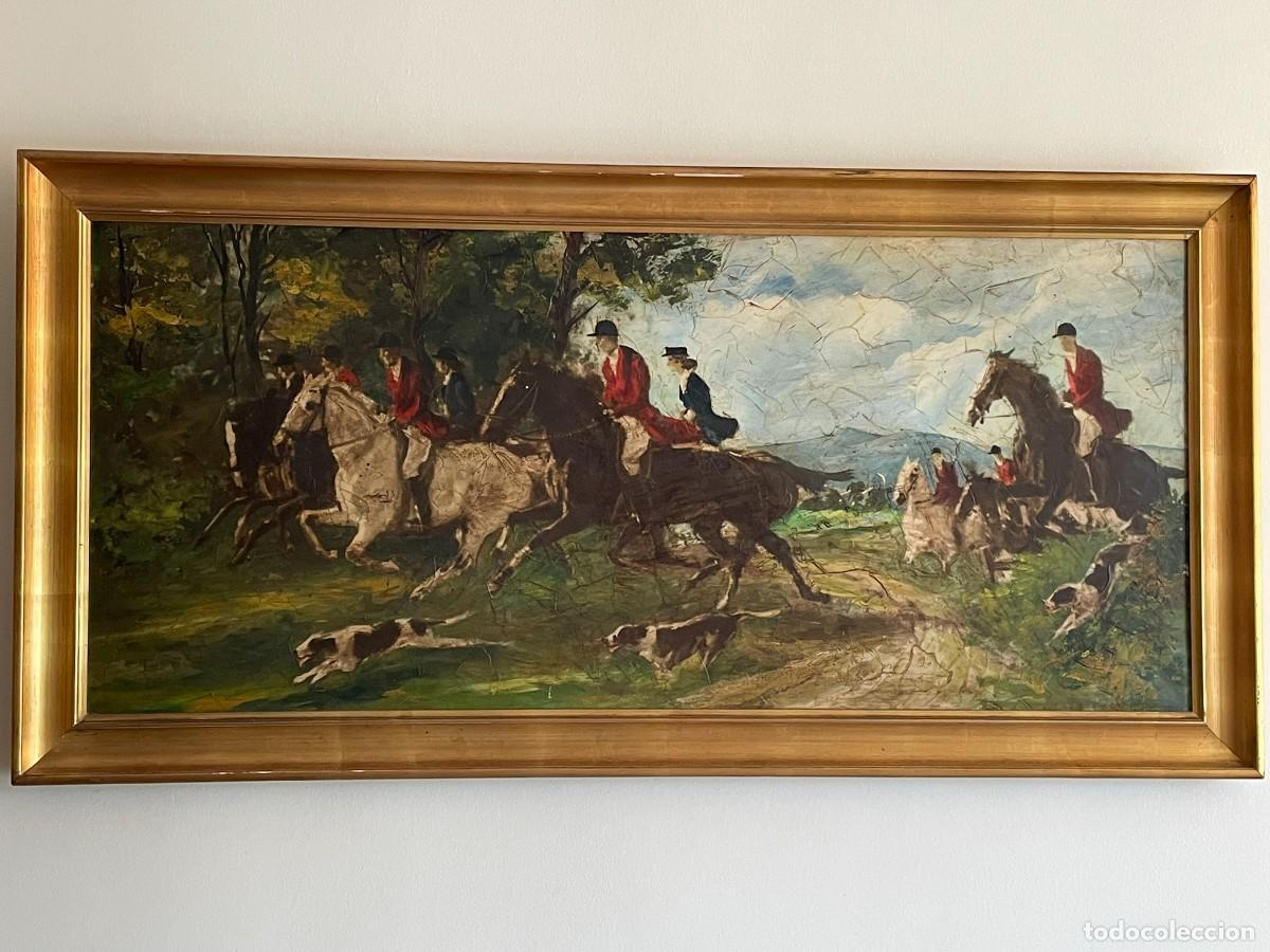 Arte: &rdquo;Gran &oacute;leo sobre lienzo Escuela Inglesa, escena de caza ecuestre, S. XIX/XX&rdquo;.