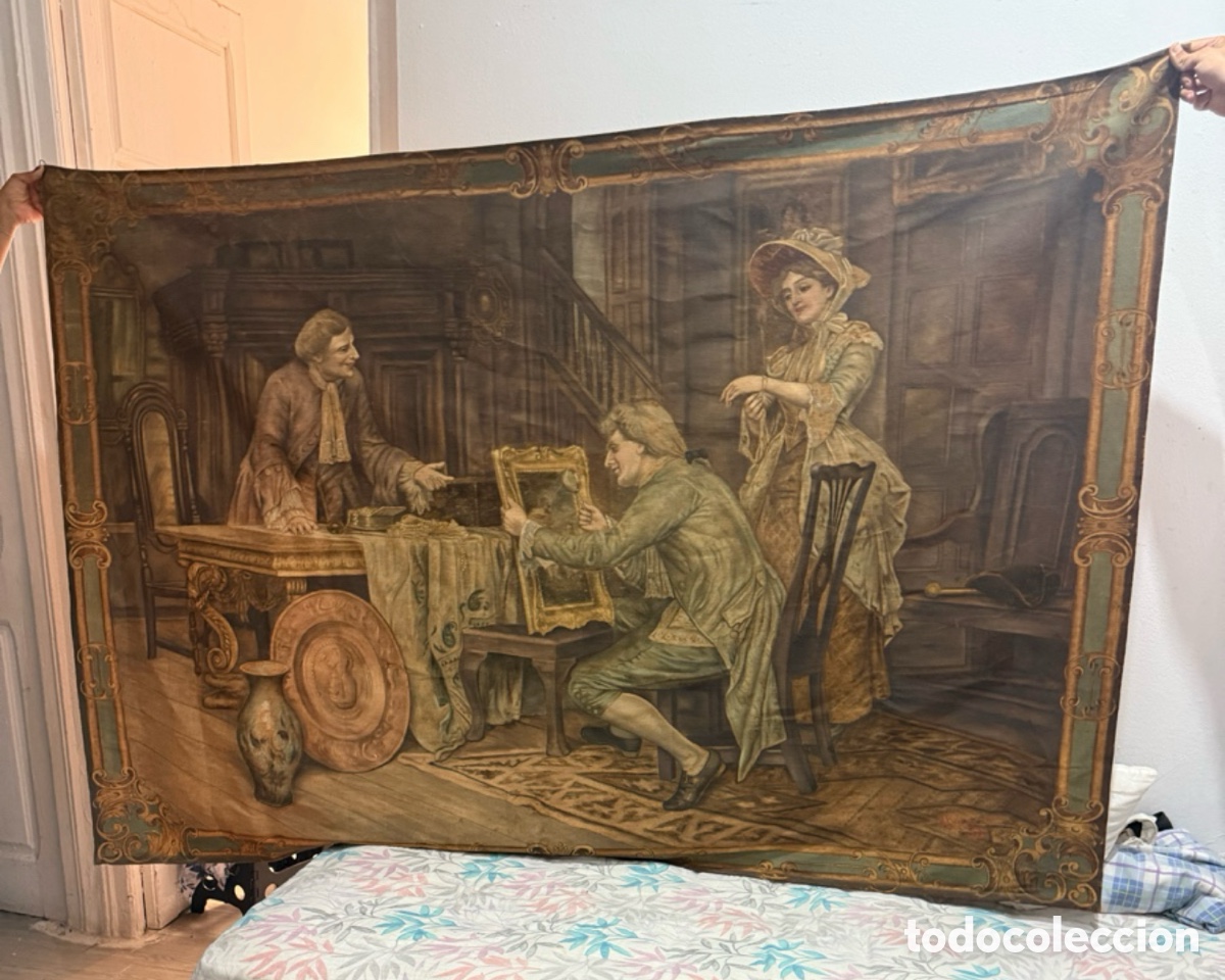 Arte: A. Borgu&ntilde;o (1929) &ndash; Gran tapiz pintado a mano y firmado. Escena palaciega (204 x 140 cm)