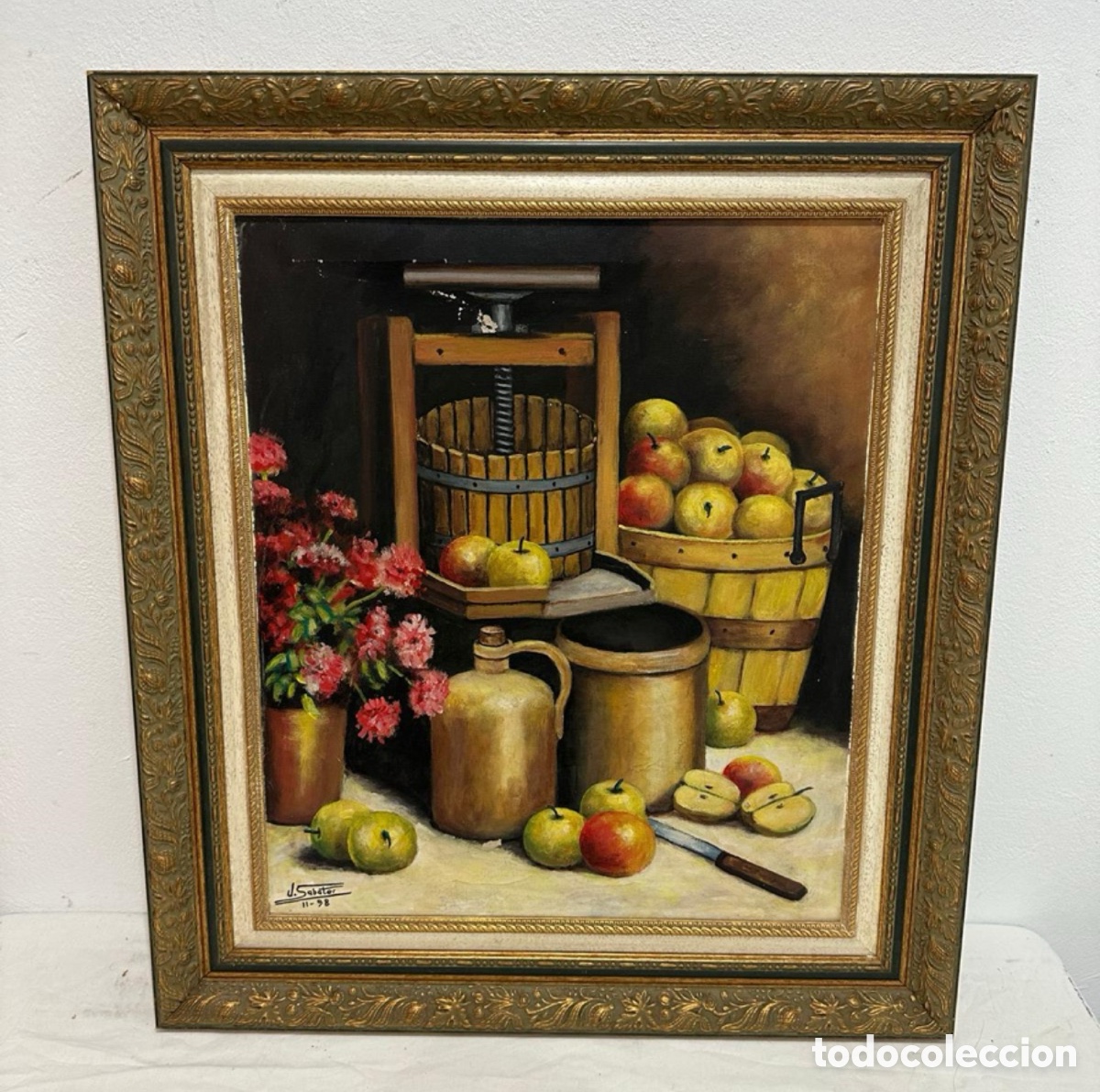 Arte: Sabater (1998) &ndash; &Oacute;leo sobre lienzo. Bodeg&oacute;n con prensa de manzanas (70 x 60 cm)