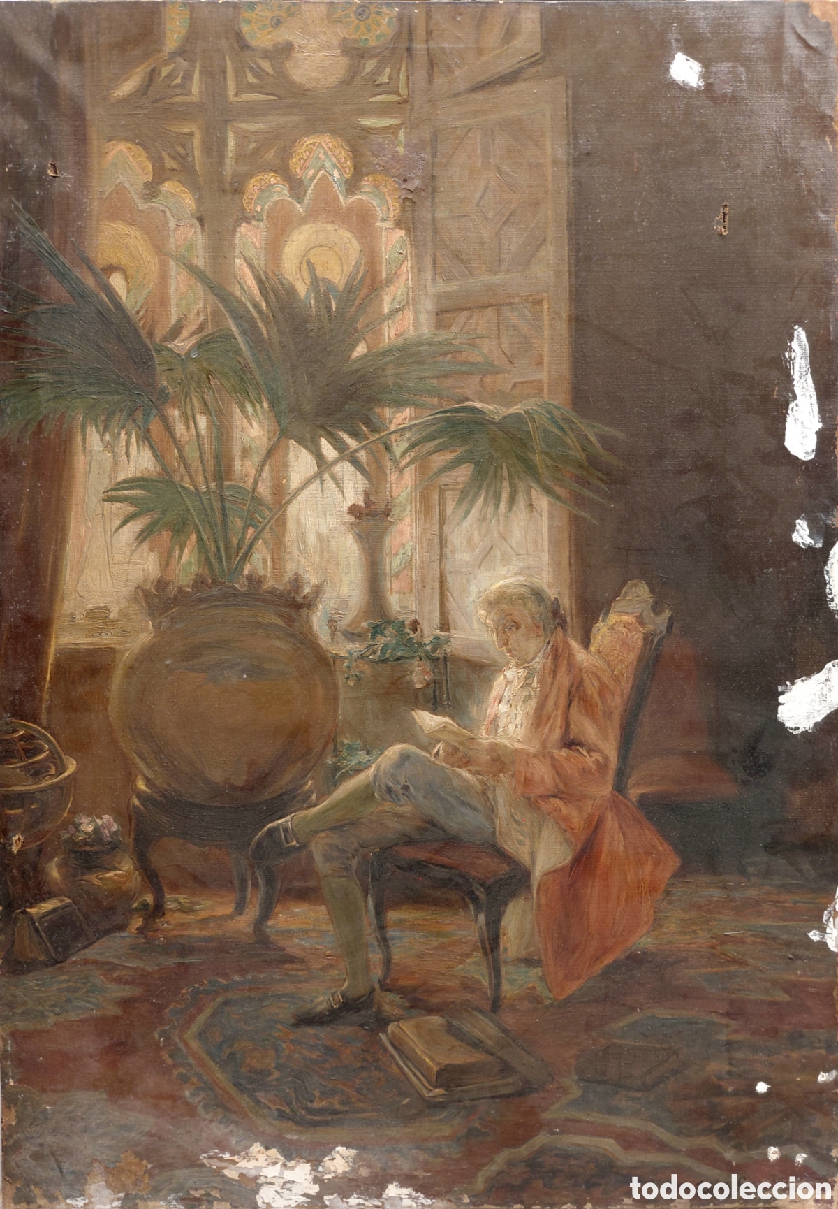 Arte: Firmado Paquita G. Martinez (s. XIX-XX). Escena en interior, &oacute;leo sobre lienzo.