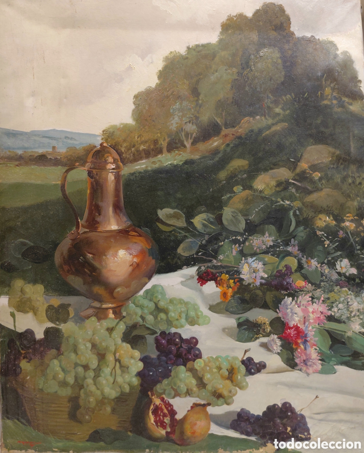 Arte: Firma ilegible (s. XX). Bodeg&oacute;n con paisaje, &oacute;leo sobre lienzo.