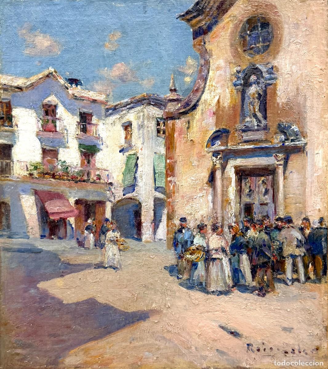 Arte: Joan Roig i Soler &ndash; Escena costumbrista ante una iglesia, &oacute;leo sobre lienzo