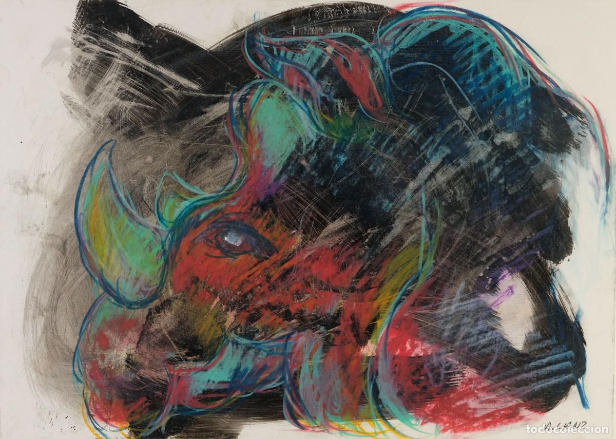 Arte: ALFREDO LANZ (Madrid, 1945) &Oacute;leo sobre papel &rdquo;Rinoceronte blanco meridional&rdquo; Firmado