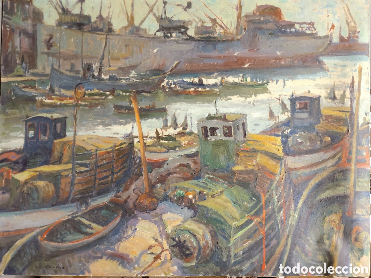 Arte: Pedro Arribas (1924-1996). Puerto, &oacute;leo sobre lienzo.