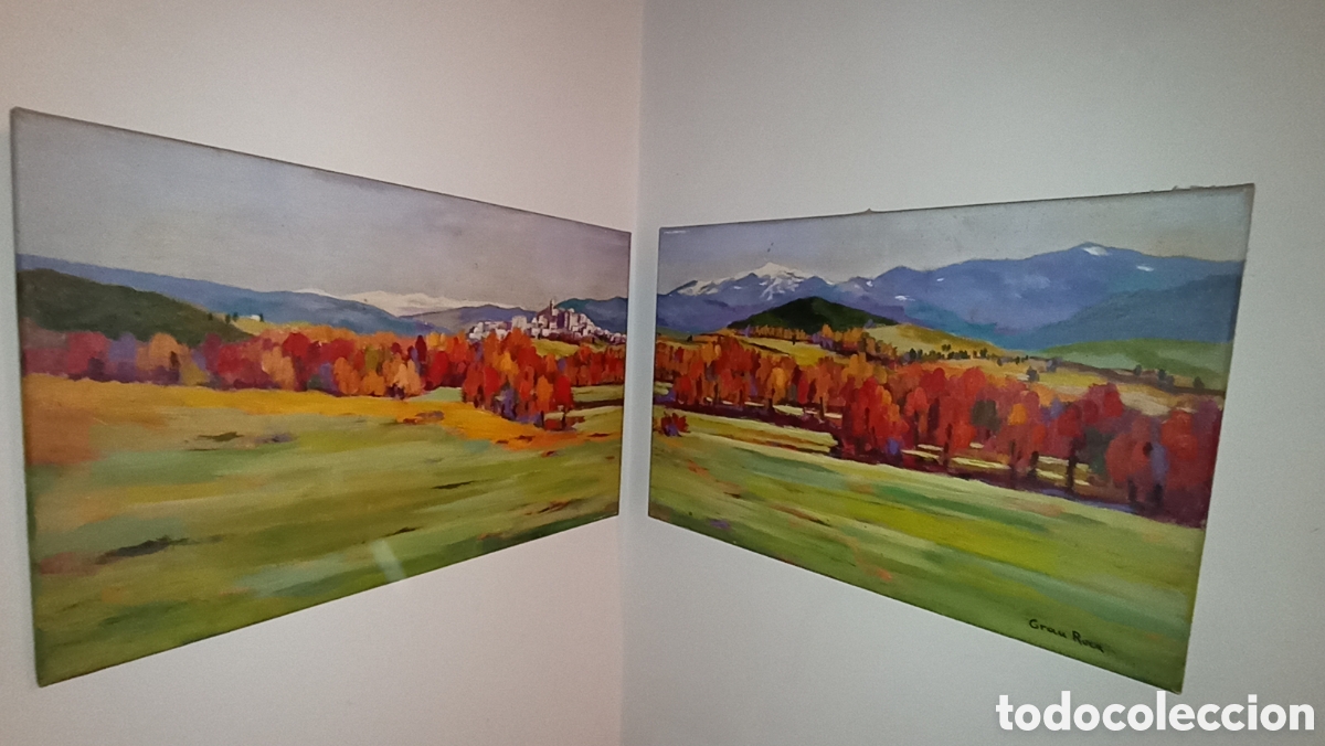Arte: Pareja de &Oacute;leos Originales - D&iacute;ptico Paisaje Oto&ntilde;al - Joan Grau Roca (55x38 cm)