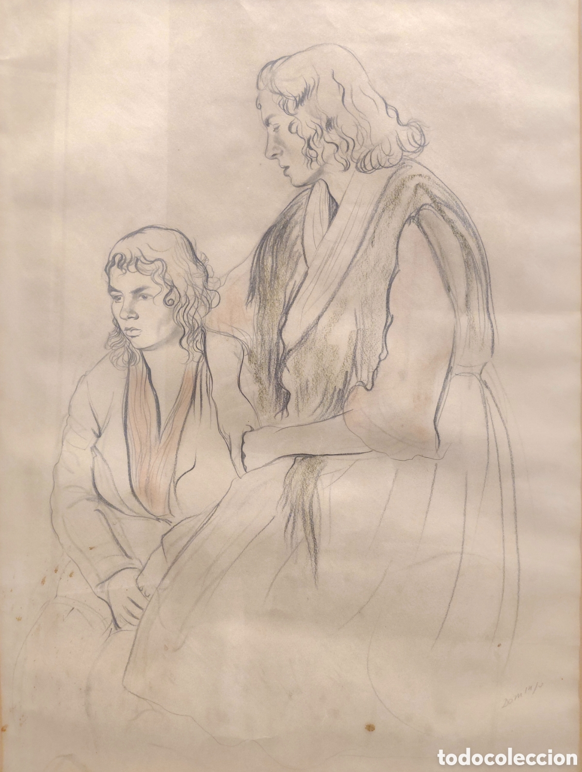 Arte: Francesc Domingo (1893-1974). Pareja de mujer e hija, carb&oacute;n sobre papel.