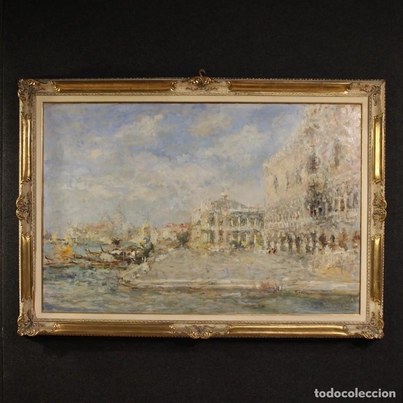 Arte: Magn&iacute;fico cuadro firmado por Luigi Mantovani, Vista de Venecia con el Palacio Ducal.