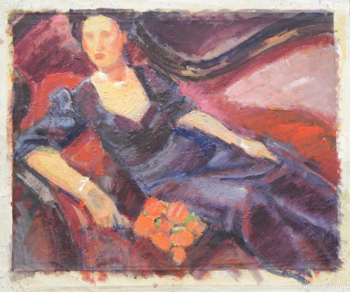Arte: Carlos Enrique Lencinas G&oacute;mez. &Oacute;leo sobre tela. &rdquo;Dama vestida y flores&rdquo;. Sin firmar. 38x46 cm.