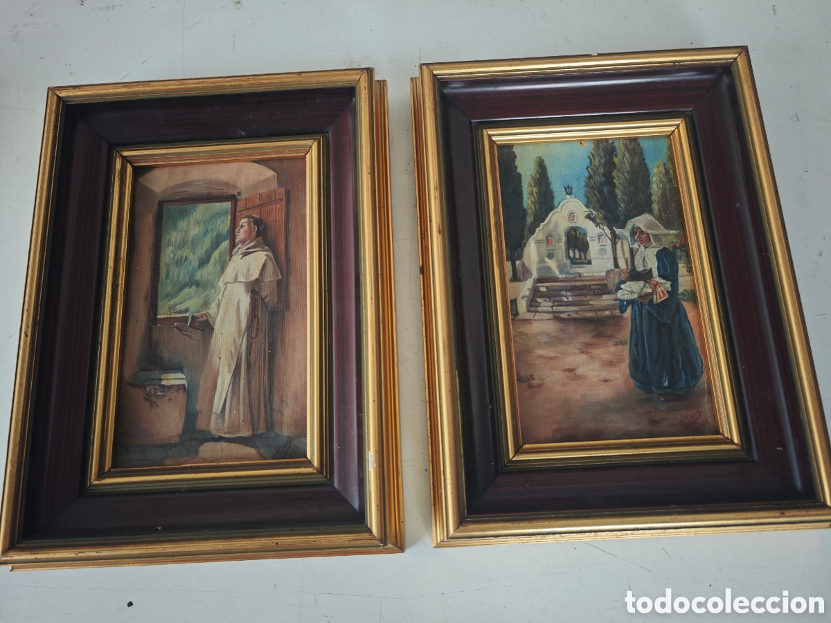 Arte: Pareja de &oacute;leos religiosos firmados y enmarcados &ndash; siglo XX