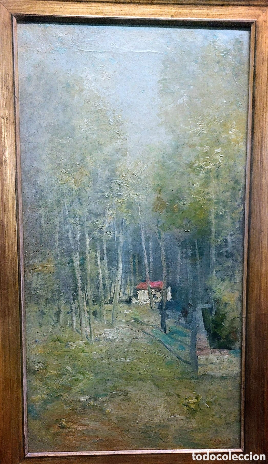 Arte: JOAQUIM VANCELLS OLEO TELA PAISAJE CASA ROJA AL BOSQUE 75X40 MAS MARCO
