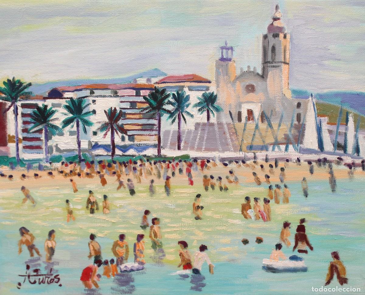 Arte: JORDI CUR&Oacute;S VENTURA (1930 - 2017) OLEO SOBRE TELA. PLAYA DE SITGES. CON CERTIFICADO DE AUTENTICIDAD