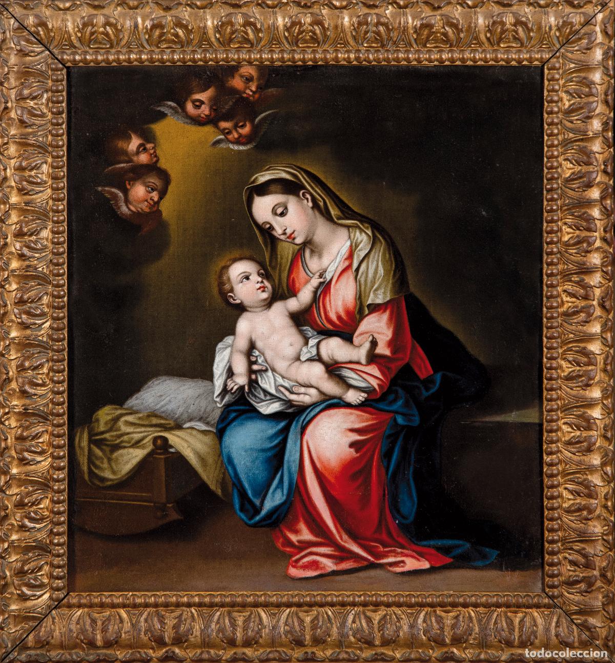 Art: La Virgen con el Ni&ntilde;o &oacute;leo sobre lienzo escuela sevillana seguidor de Murillo del siglo XVIII