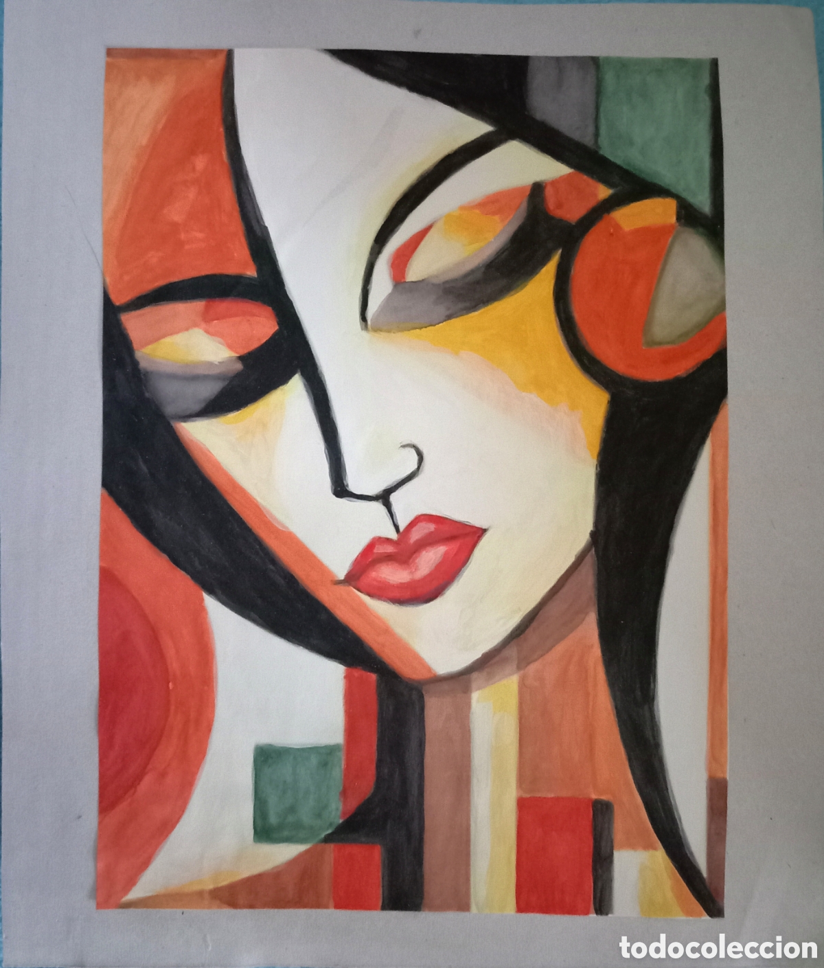 Arte: Original pintura cara abstracta (33) (t&eacute;cnica mixta) acuarela y acr&iacute;lico sobre papel cart&oacute;n doble...