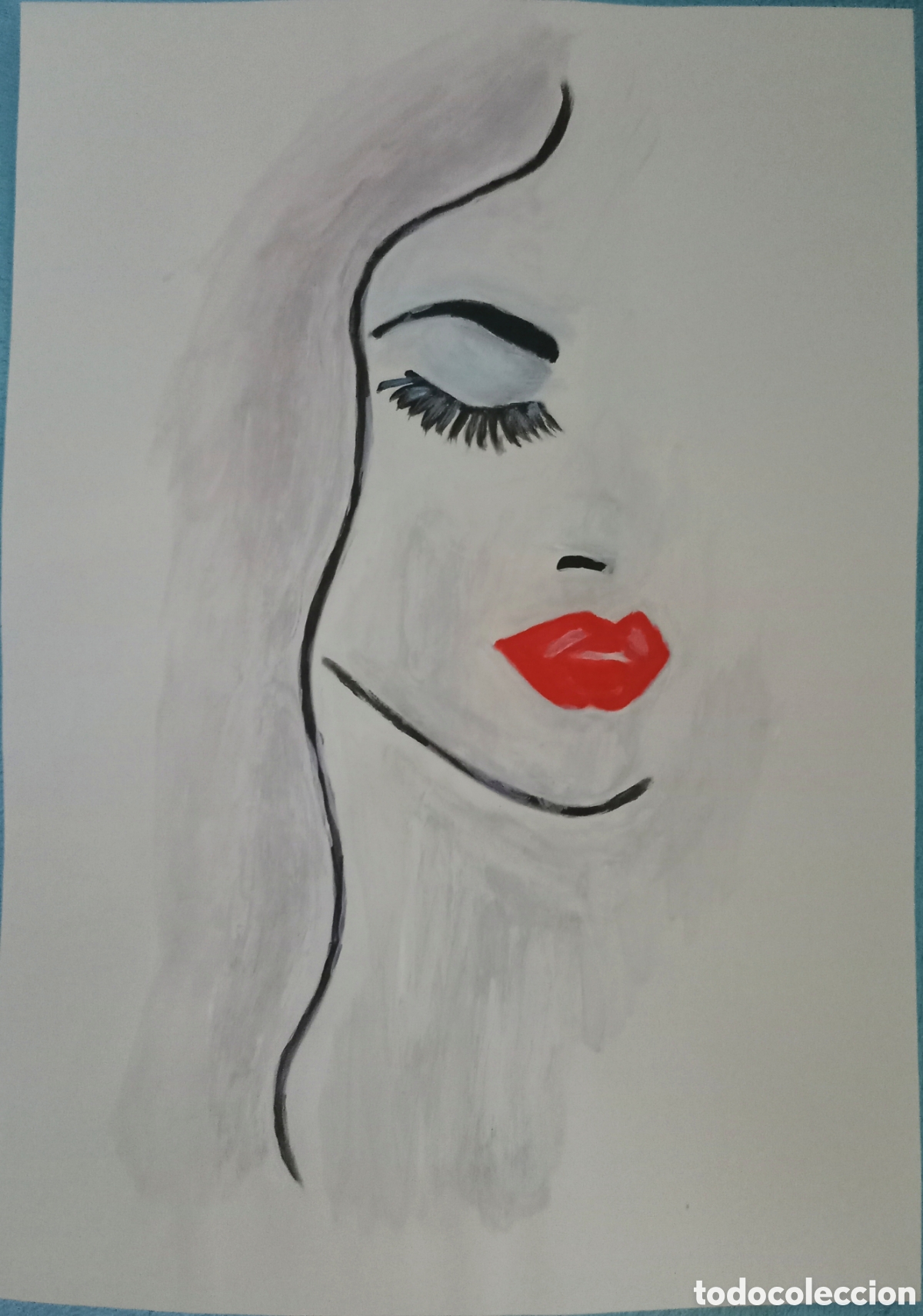 Arte: Original pintura mujer con flequillo trazos (11) (t&eacute;cnica mixta) acuarela y acr&iacute;lico sobre papel 34c