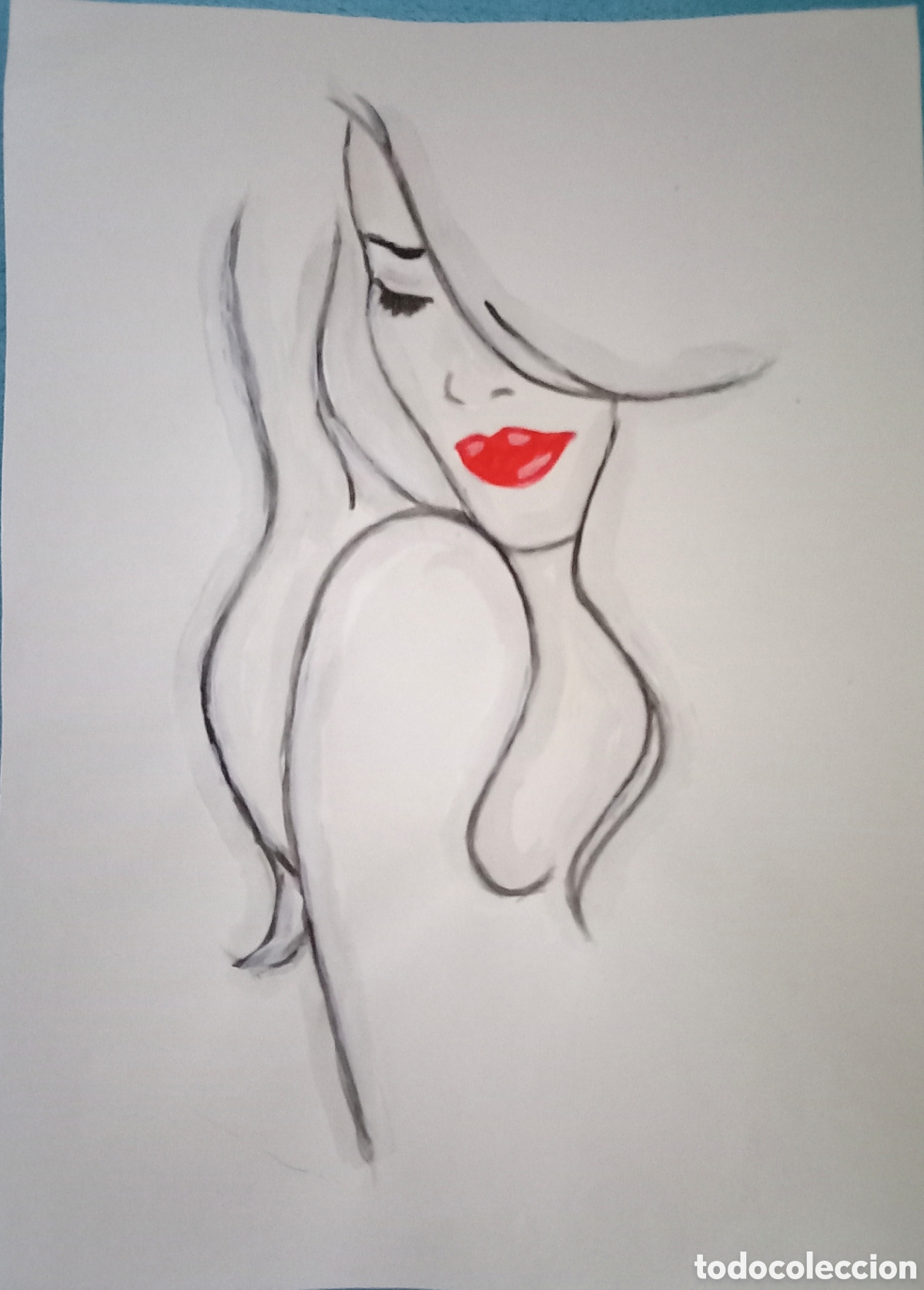 Arte: Original pintura mujer con flequillo trazos (12) (t&eacute;cnica mixta) acuarela y acr&iacute;lico sobre papel....